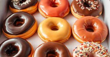 Berbagai jenis kue donat dengan topping beraneka warna disusun dalam kotak