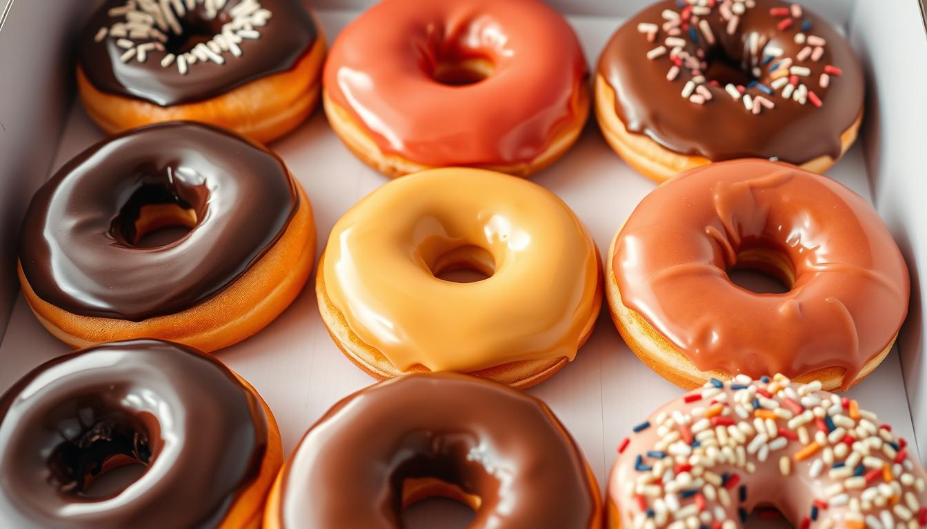 Berbagai jenis kue donat dengan topping beraneka warna disusun dalam kotak