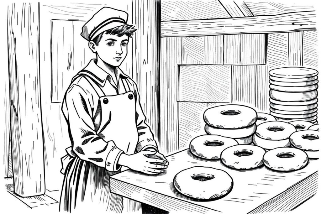 Ilustrasi Hanson Gregory membuat lubang pada Sejarah Kue Donat menggunakan tutup botol Ilustrasi Hanson Gregory membuat lubang pada Sejarah Kue Donat menggunakan tutup botol